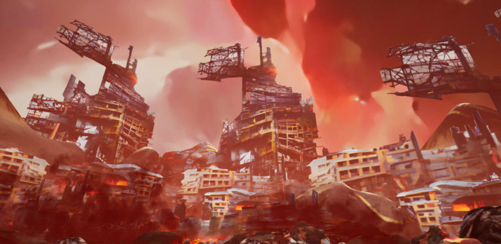 One of the background visuals with a destroyed city landscape from the Virtual Reality opera.Out of the Ordinary / As an nGnách
